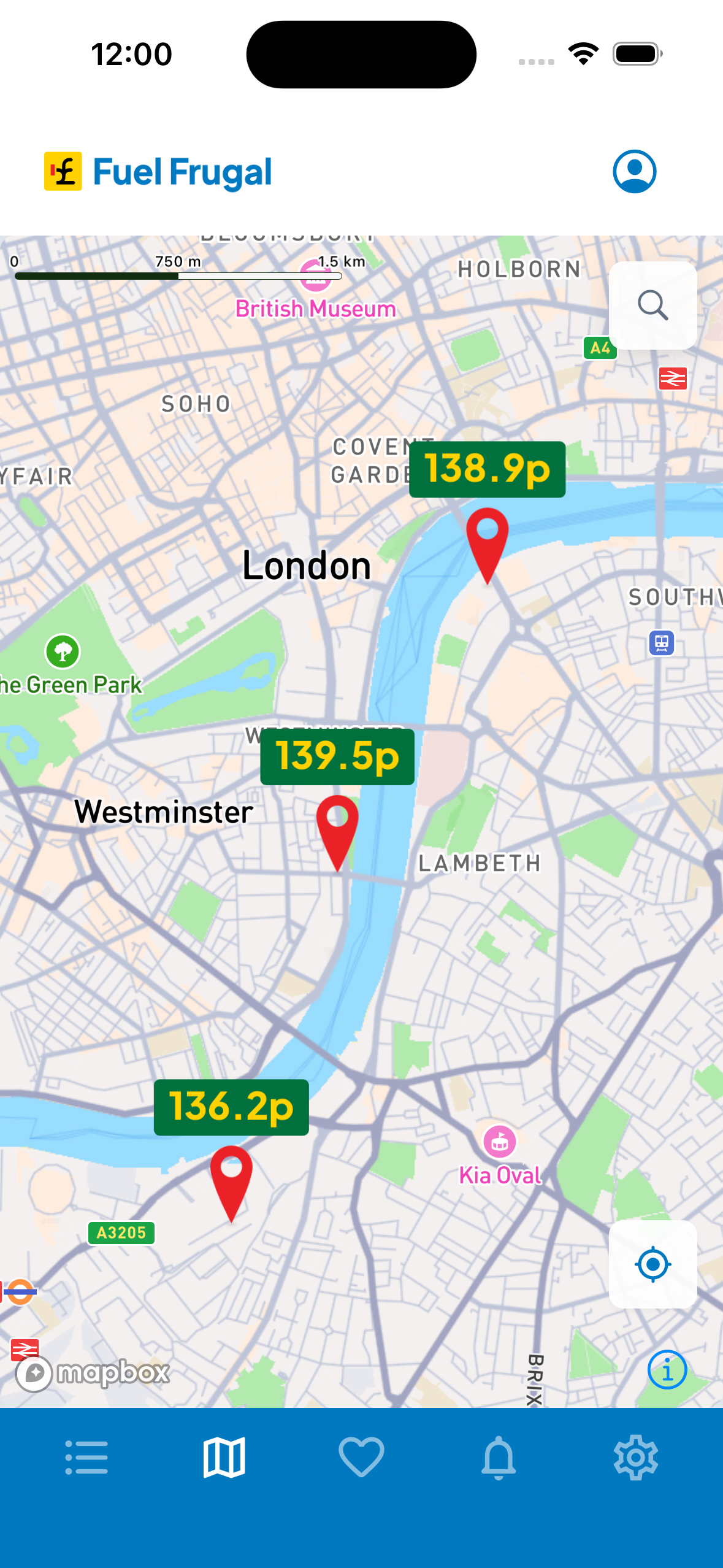 Fuel Frugal app showing nearby fuel prices